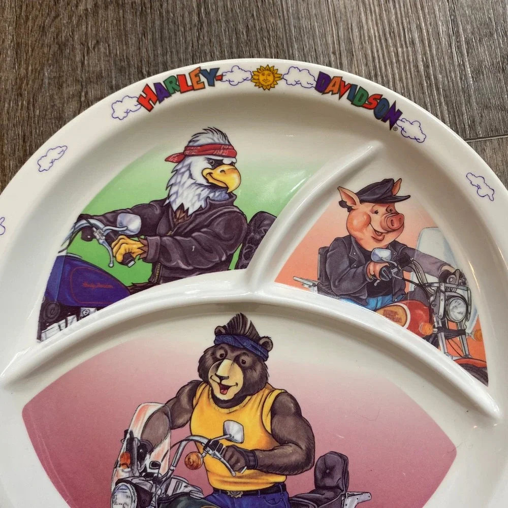 Vintage 1999 Harley Davidson Divided Melamine Kids Plate Biker Animals 8.5 Inch